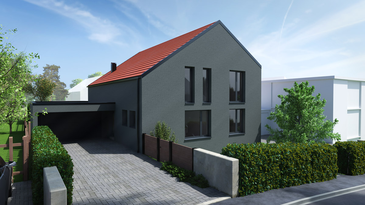 Modernes graues Einfamilienhaus mit rotem Satteldach Carport und Hecke