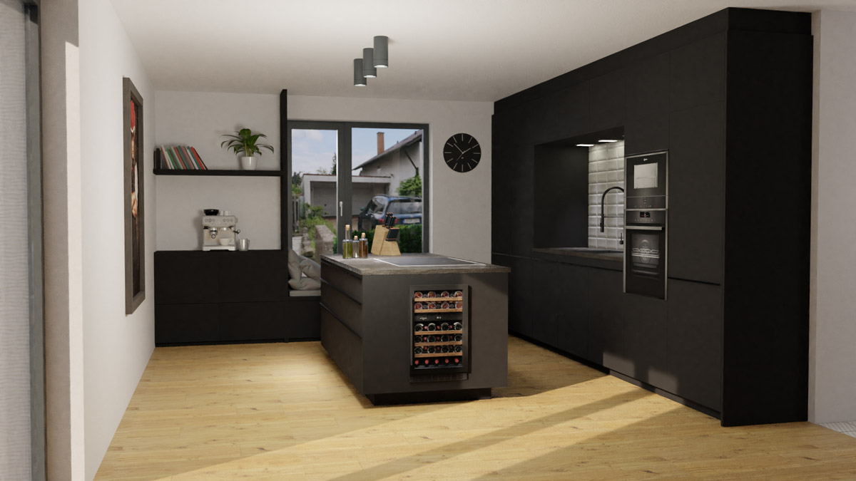 Moderne schwarze Kueche mit Kochinsel Weinkuehlschrank und hellem Holzboden