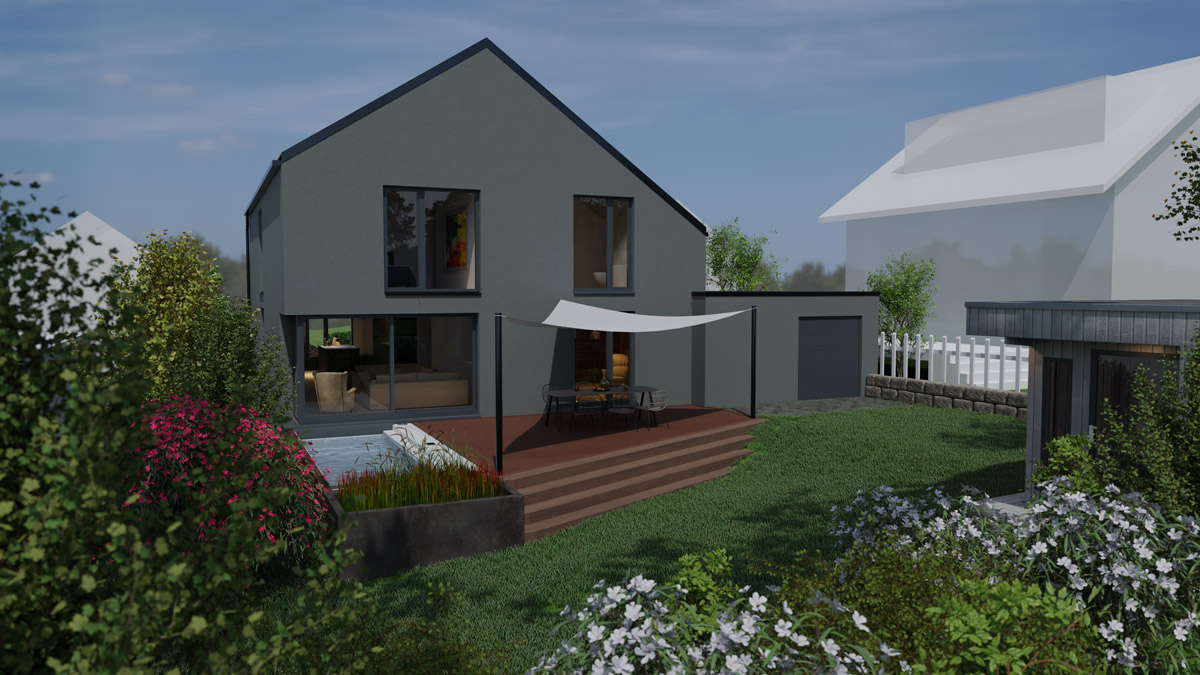 Modernes graues Haus mit Terrasse Sonnensegel und bluehendem Garten
