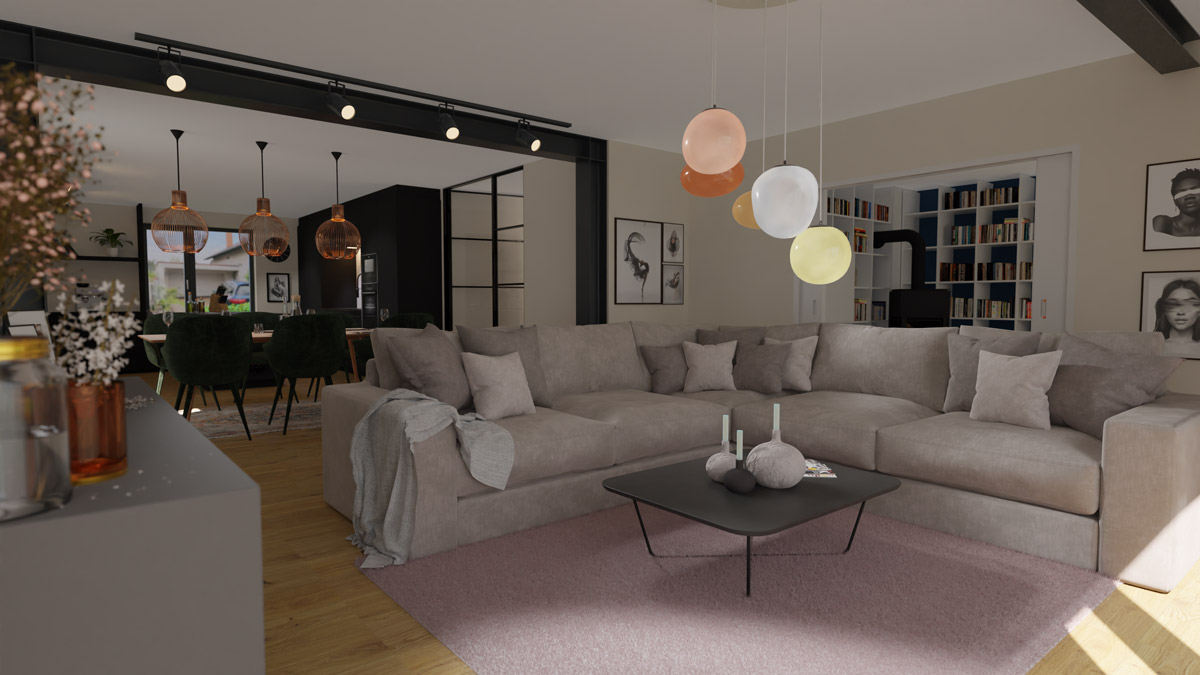 Modernes Wohnzimmer mit grauem Sofa und bunten Pendelleuchten in Pastelltoenen