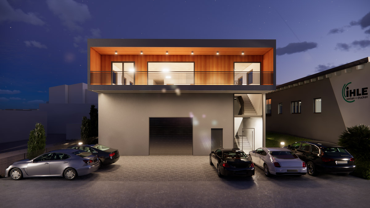 Modernes Firmengebaeude mit Holzfassade und beleuchteten Autos bei Nacht