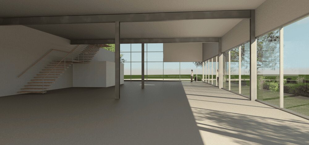 Heller moderner Innenraum mit Treppe grossen Fenstern und Person am Fenster