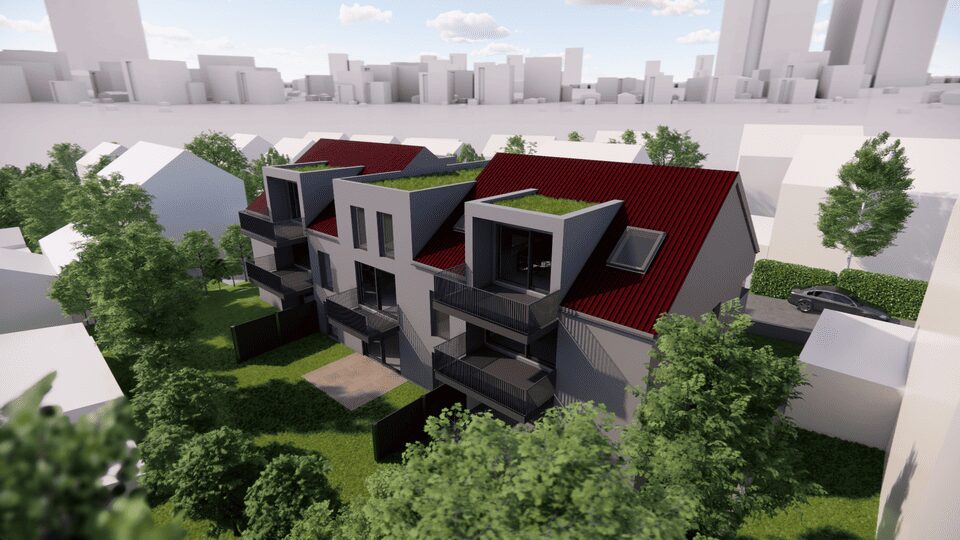 Modernes Mehrfamilienhaus mit rotem Dach, Balkonen und begruenter Umgebung