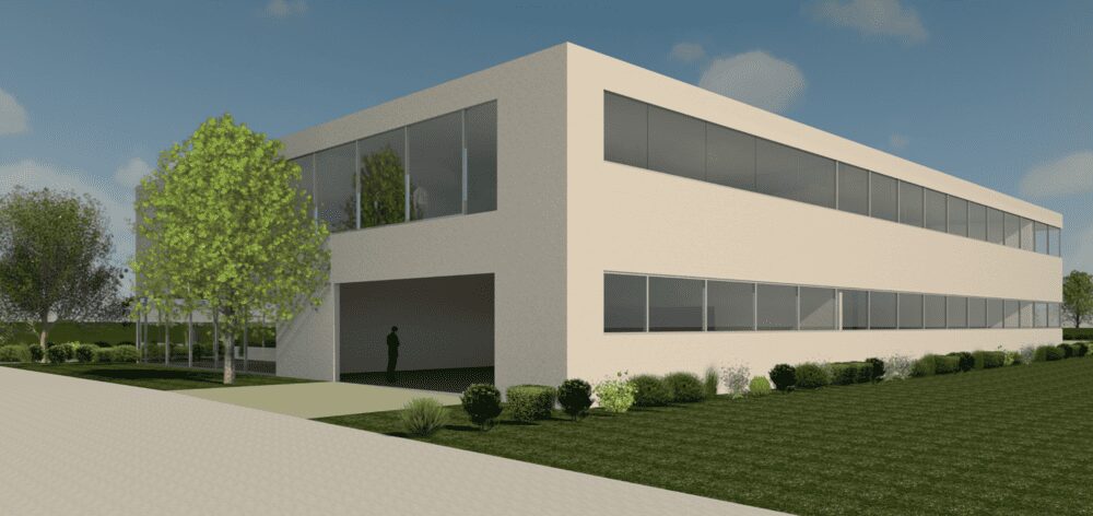 Modernes weisses Buerogebaeude mit Fensterbaendern umgeben von Baeumen und Rasen
