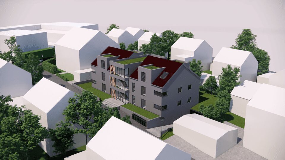 Modernes graues Mehrfamilienhaus mit rotem Dach umgeben von weissen Modellhaeusern