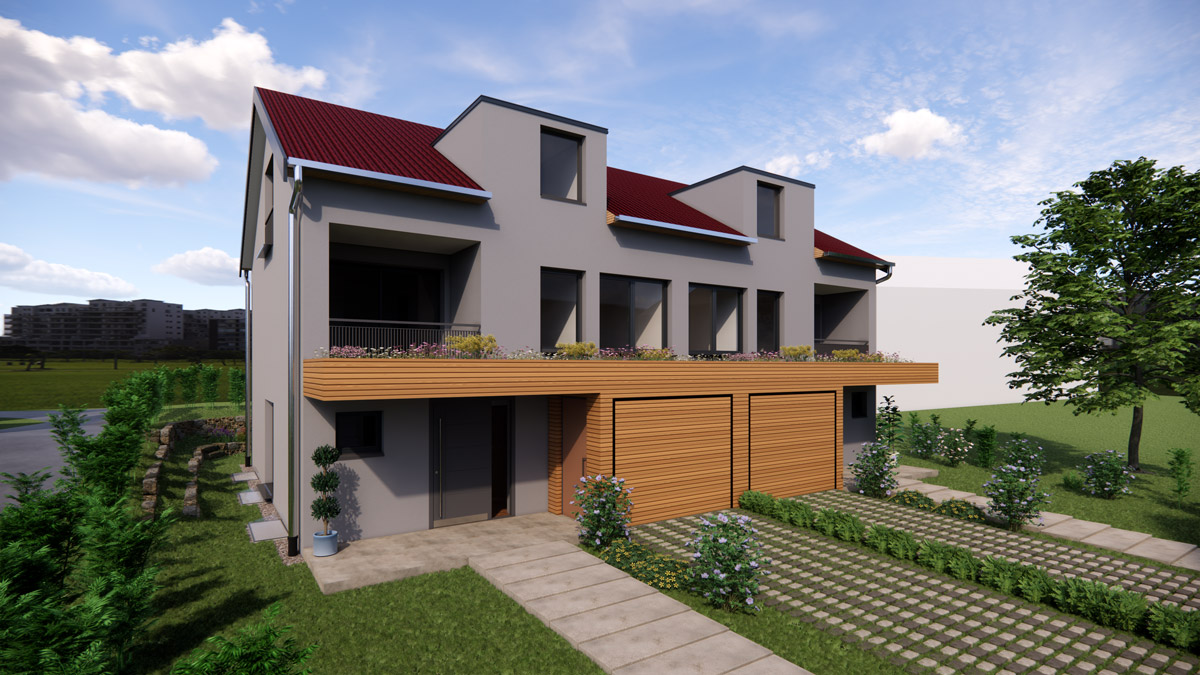 Modernes graues Wohnhaus mit rotem Dach Holzgaragen und bluehendem Garten