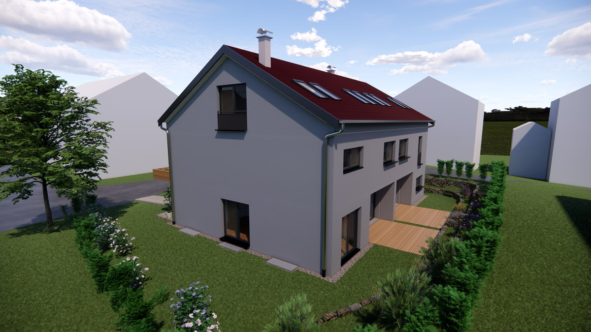 Modernes graues Einfamilienhaus mit rotem Satteldach und gepflegtem Garten