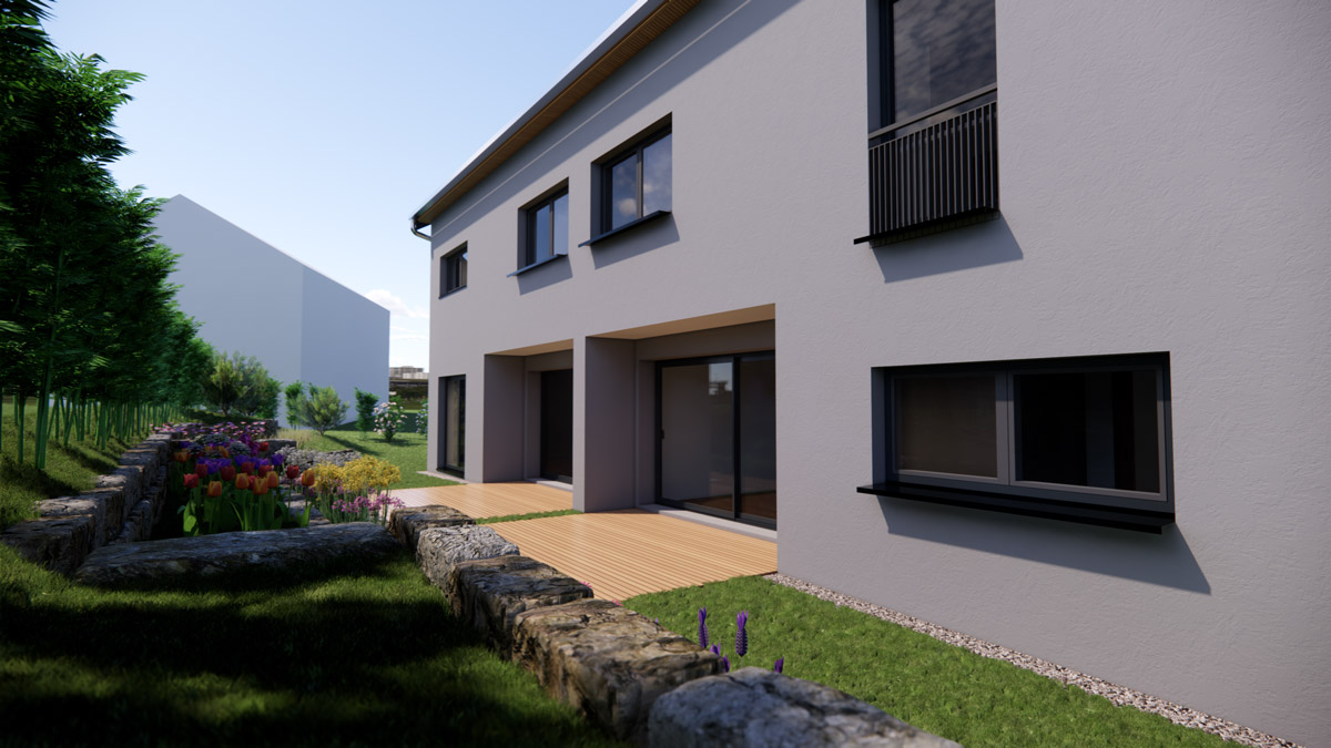 Modernes graues Haus mit Holzterrasse Natursteinmauer und buntem Blumenbeet