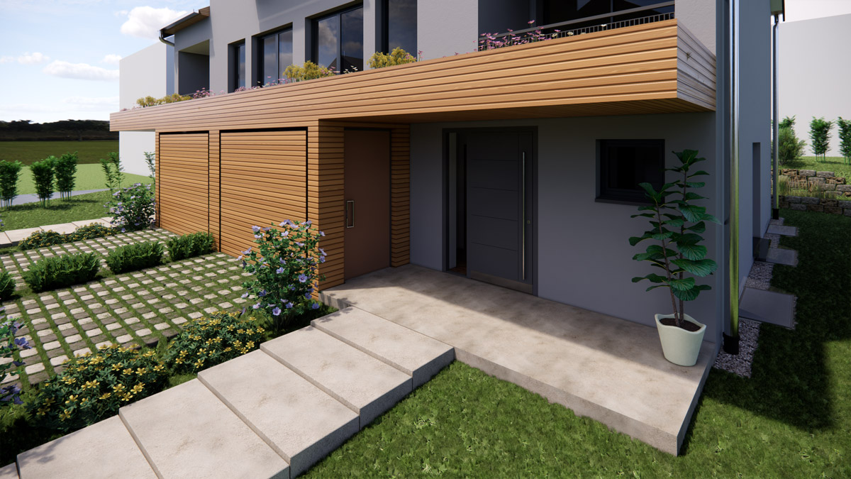 Modernes Wohnhaus mit Holzfassade grauer Tuer und blühendem Vorgarten