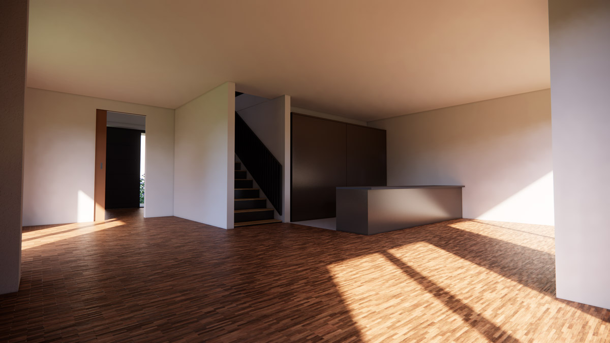 Leerer moderner Wohnraum mit Holzboden Treppe und Sonnenlicht durch Fenster