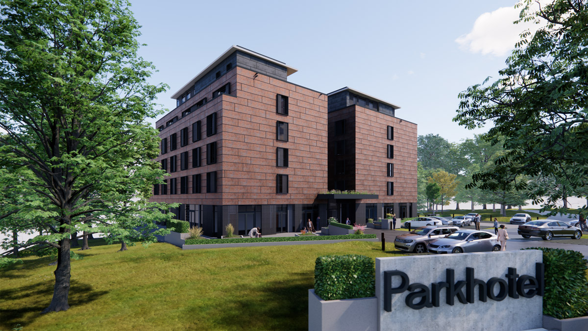 Modernes Parkhotel aus rotbraunem Backstein mit Baeumen und parkenden Autos