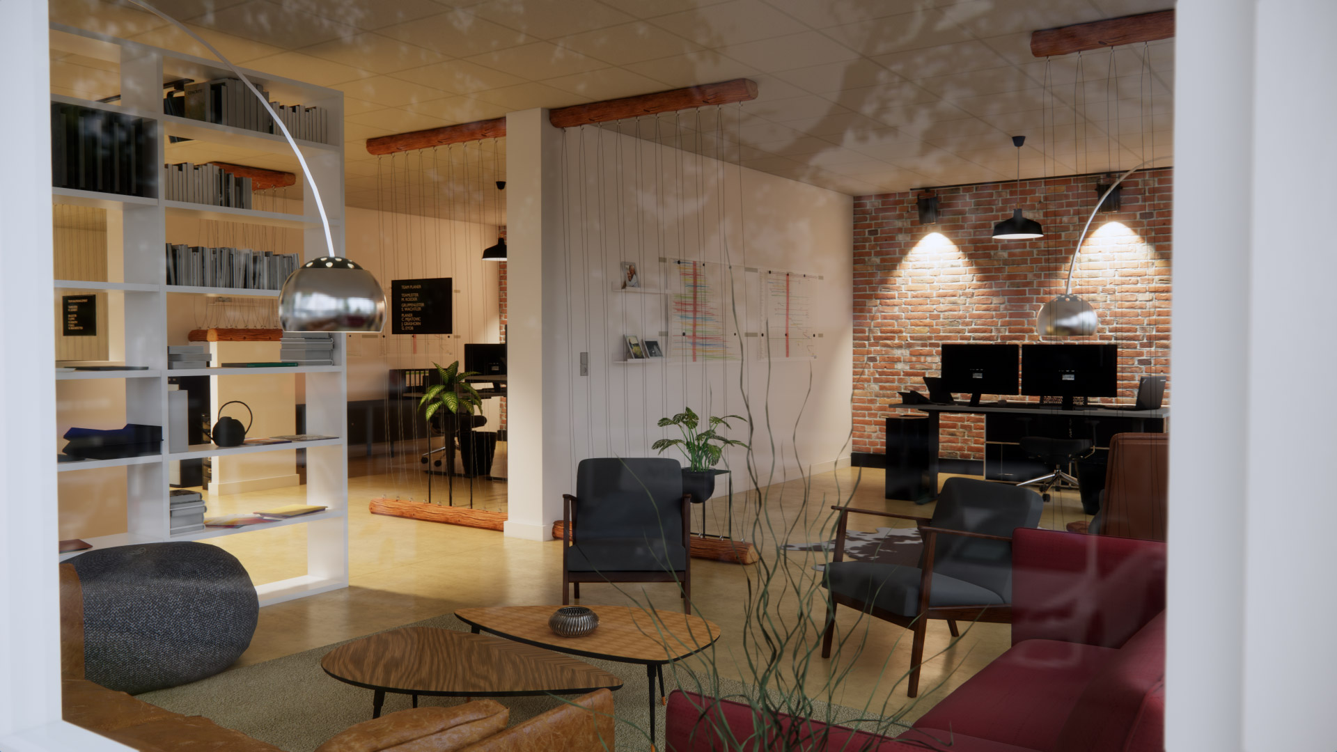 Modernes Loft Buero mit Backsteinwand Sesseln Regal und warmer Beleuchtung