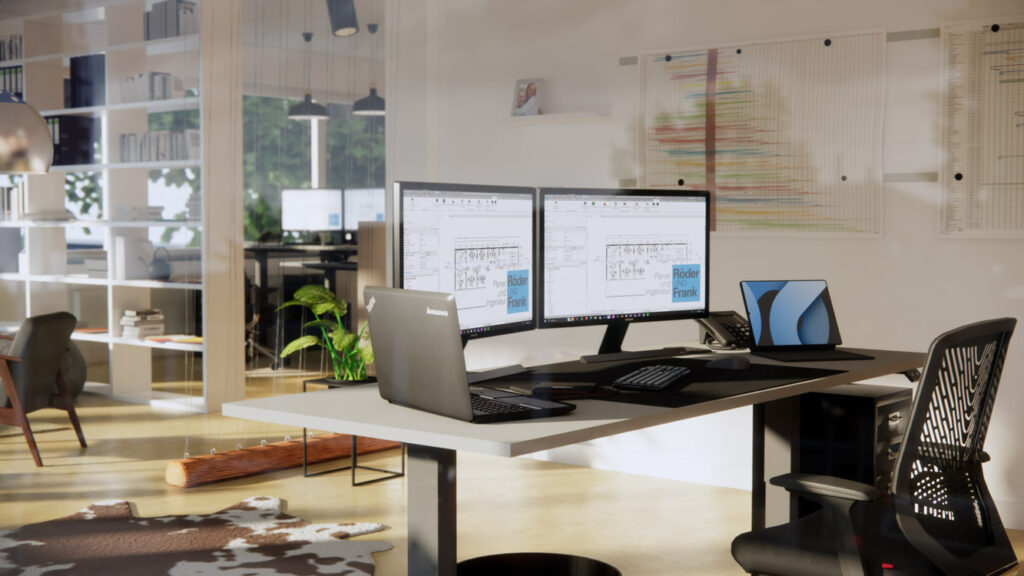 Modernes Ingenieurbuero mit zwei Monitoren Laptops und hellem Interieur