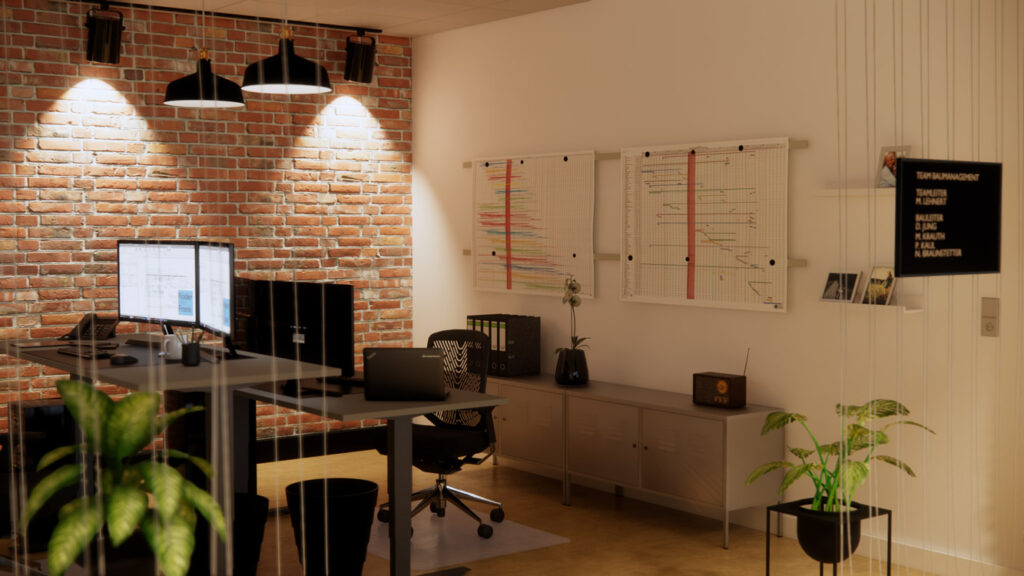 Modernes Buero mit Ziegelwand Schreibtisch Monitoren Pflanzen und Pendelleuchten