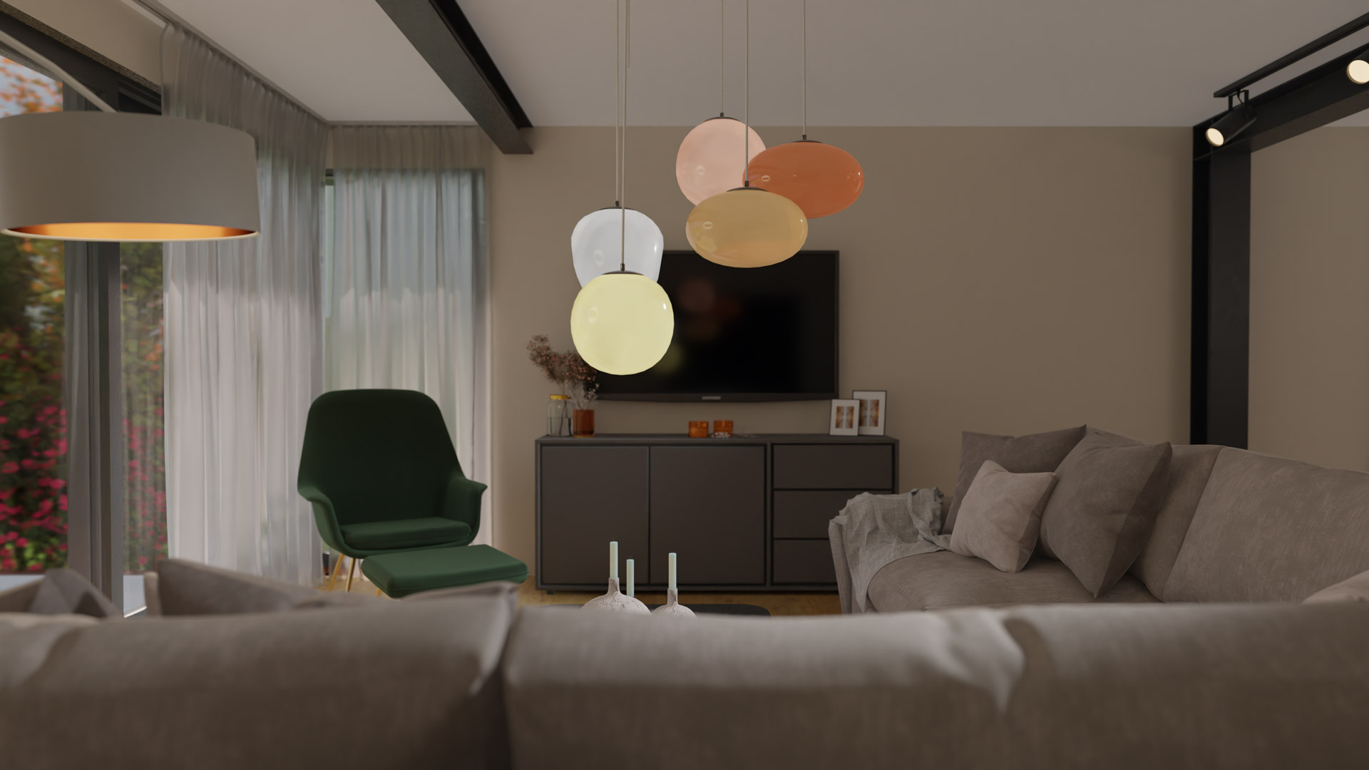 Modernes Wohnzimmer mit bunten Pendelleuchten grunem Sessel und beigem Sofa